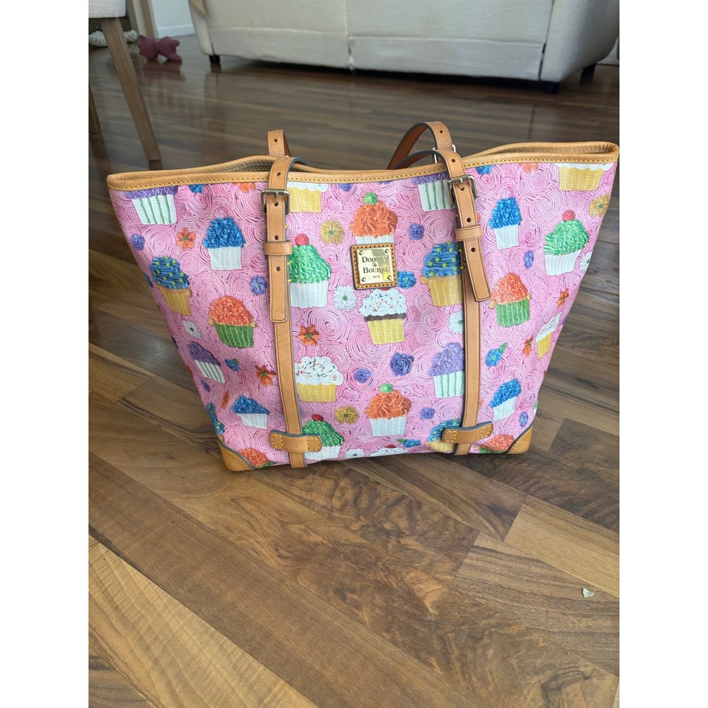 Dooney & Bourke Pink Cupcake Print Tote Bag Leather Trim Shopper Handbag - Picture 2 of 7
